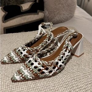 Chic Woven Slingback Heels in White, Brown, and Green